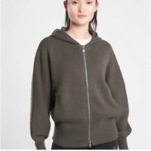 Athleta Aurora Dolman Full Zip Knit Hooded Sweater Mountain Olive Army Green